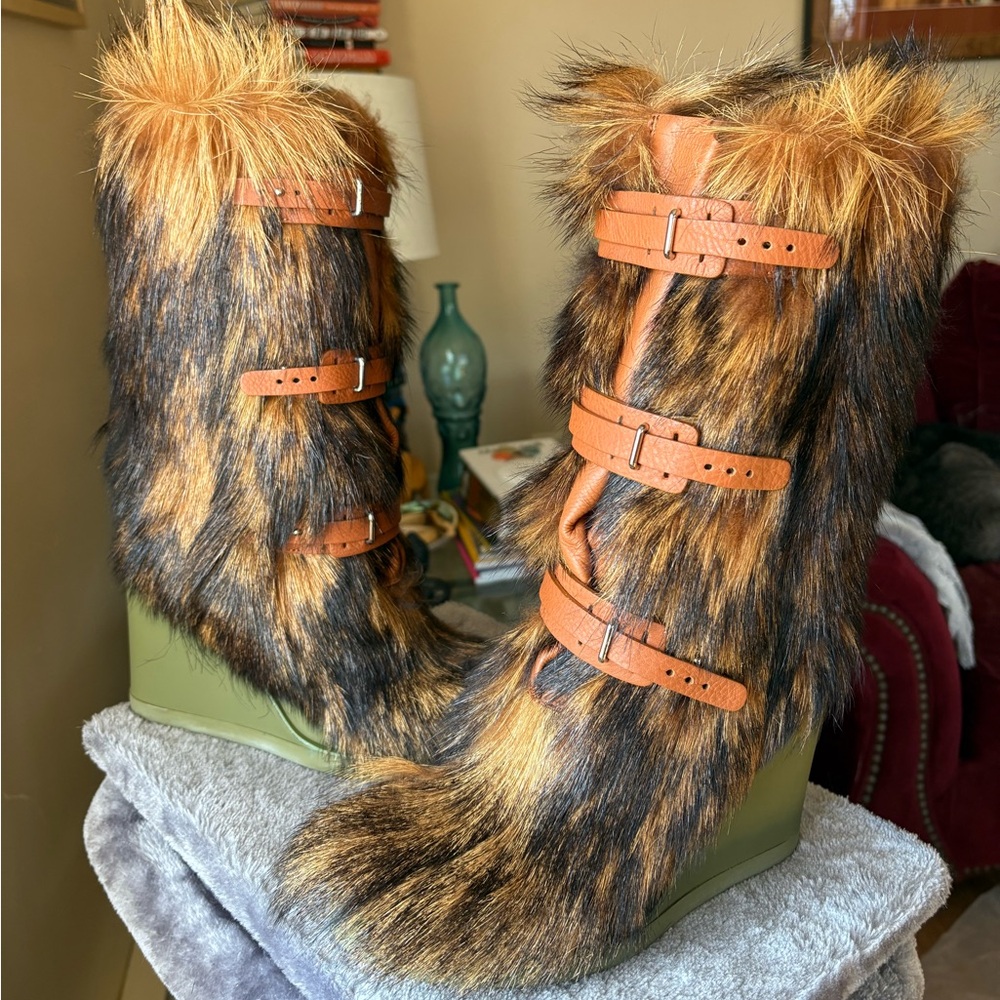 Celine Phoebe Philo era brown fur green wedge heel boots